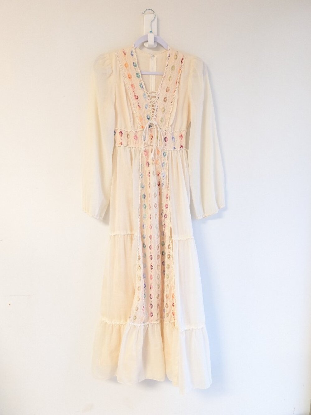 1970s Vintage Maxi Dress with lace rainbow floral details - Picture 1 of 12